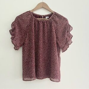 Madewell Memento Short Sleeve Ruffled Sleeve Floral Blouse Women’s XS Maroon